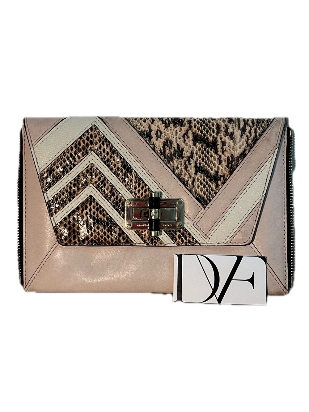 Diane Von Furstenberg Evening Clutch Beige off pink Snake-Texture Leather Clutch